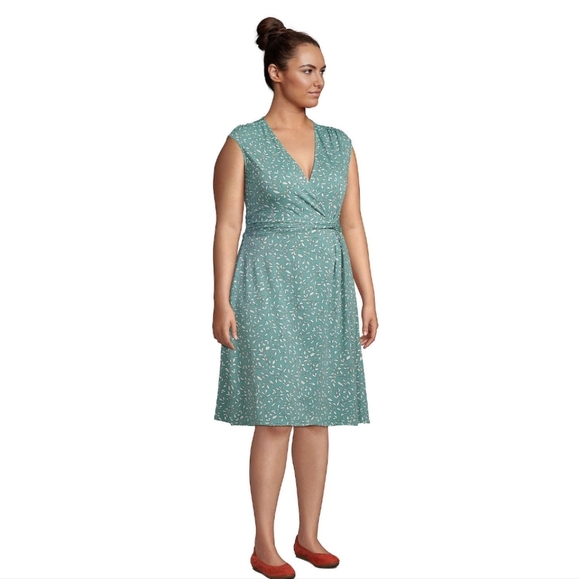 Lands End Faux Wrap Dress Modal Sage Teal White Leaf Floral Twist Summer Size 1X - Picture 1 of 12